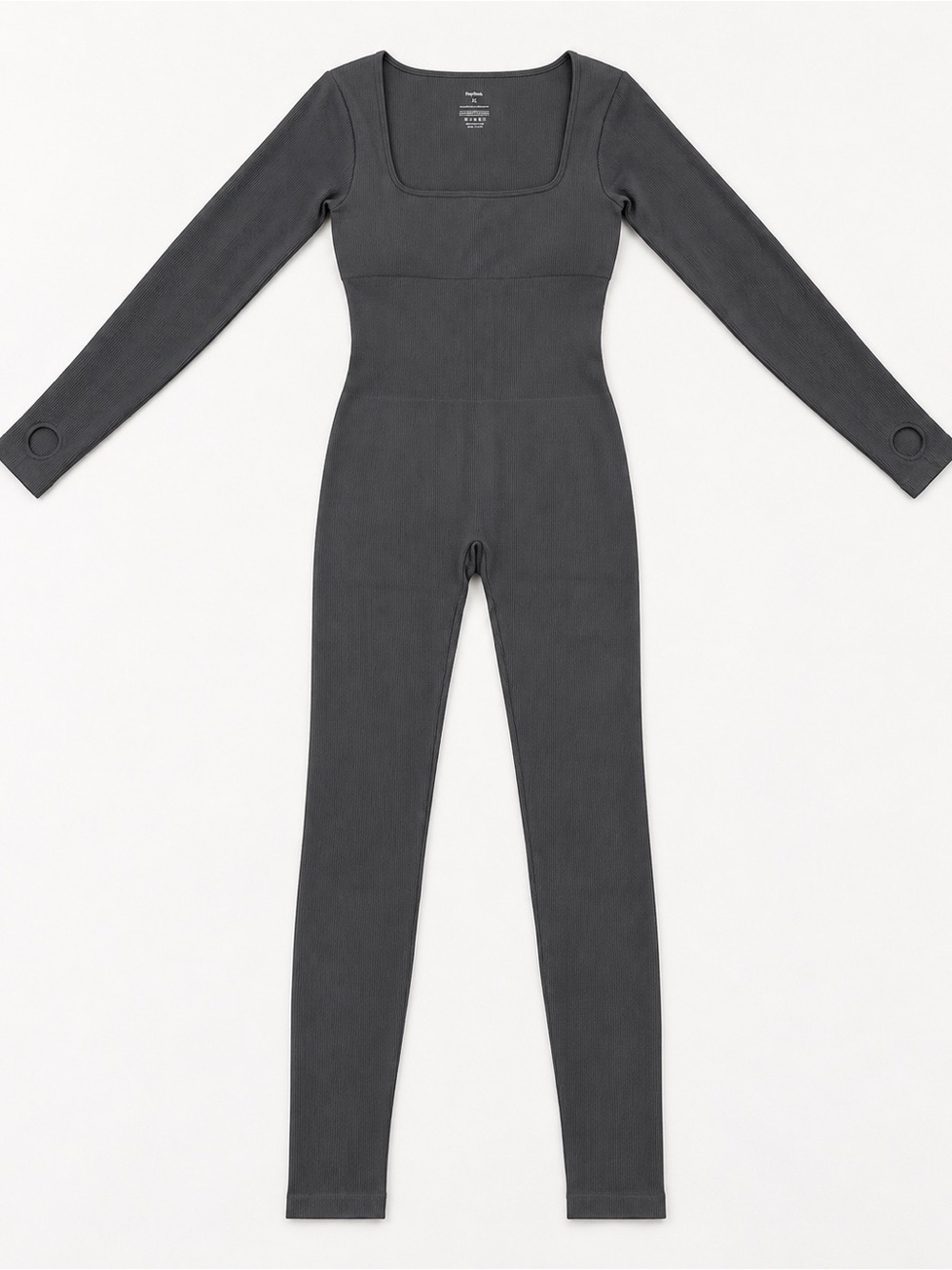 Popilush Ribbed Square Neck Long Sleeve Jumpsuit Black XL Built-In Bra